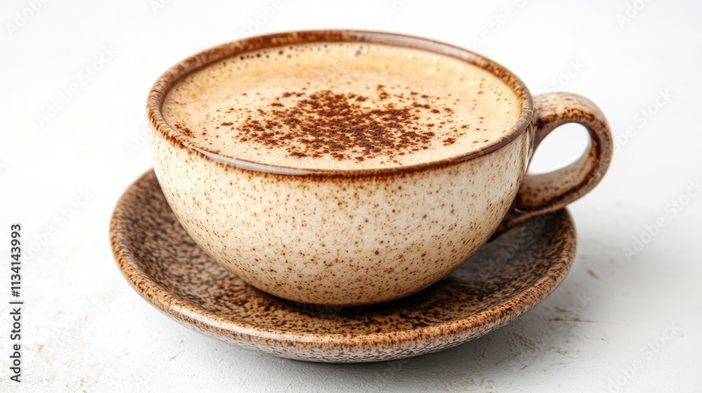 A textured cup of coffee with a sprinkle of cocoa, served on a matching saucer. A textured cup of coffee with a sprinkle of cocoa, served on a matching saucer.