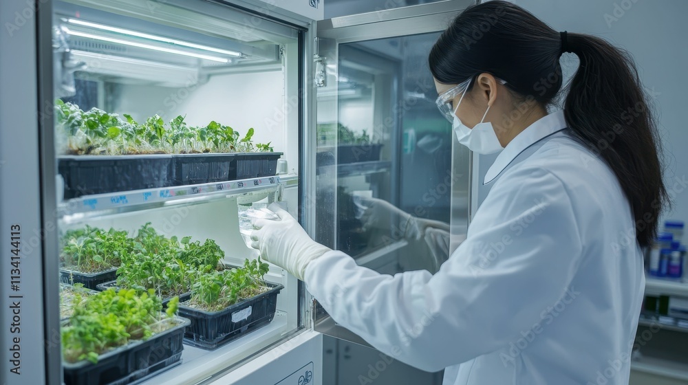 Scientist tending plants in a climate-controlled chamber. Scientist tending plants in a climate-controlled chamber.