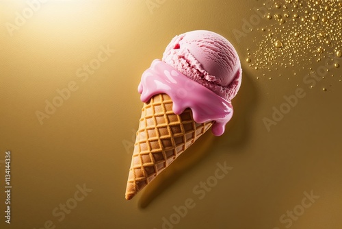 Playful Ice Cream Treat Shrinks and Melts in a Captivating Gold Background photo