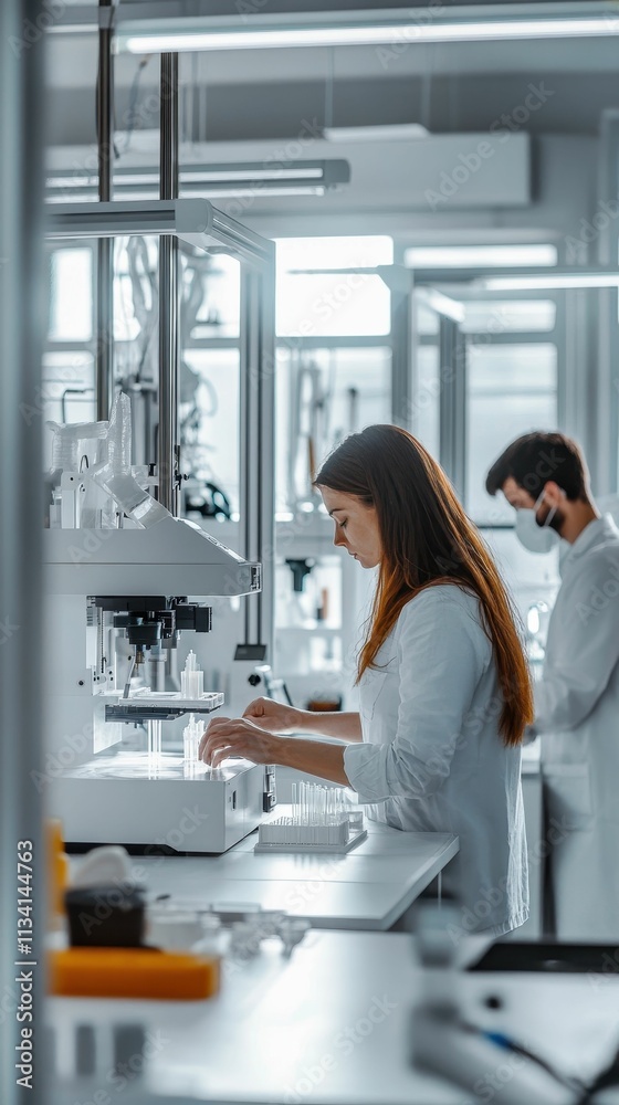 Obraz premium Lab technicians using automated equipment, processing samples.