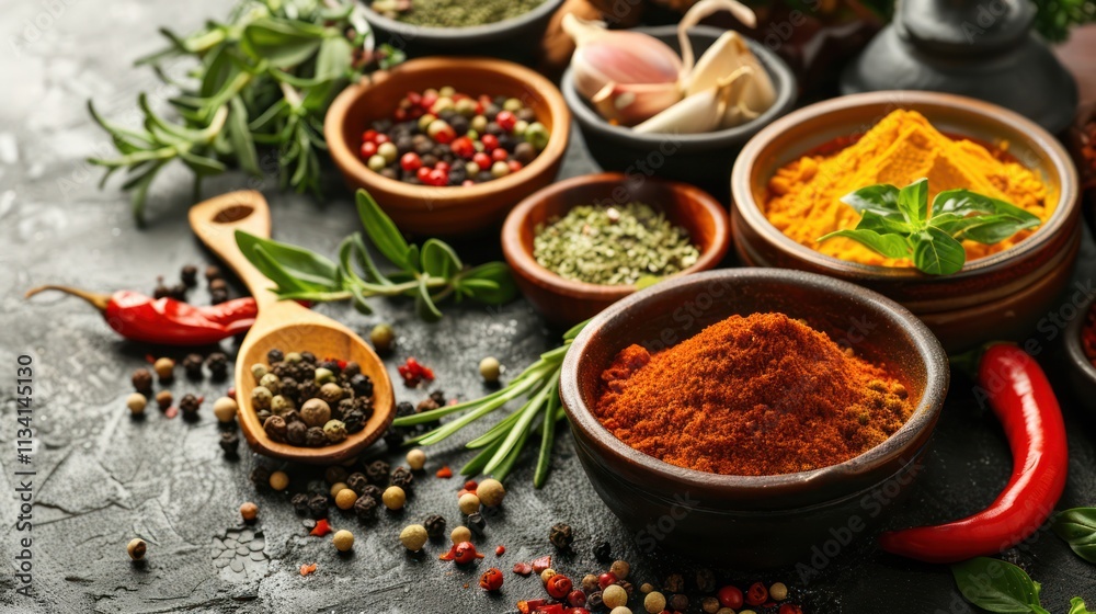 A vibrant assortment of spices and herbs displayed in bowls, showcasing various colors and textures, perfect for culinary inspiration. A vibrant assortment of spices and herbs displayed in bowls, showcasing various colors and textures, perfect for culinary inspiration.