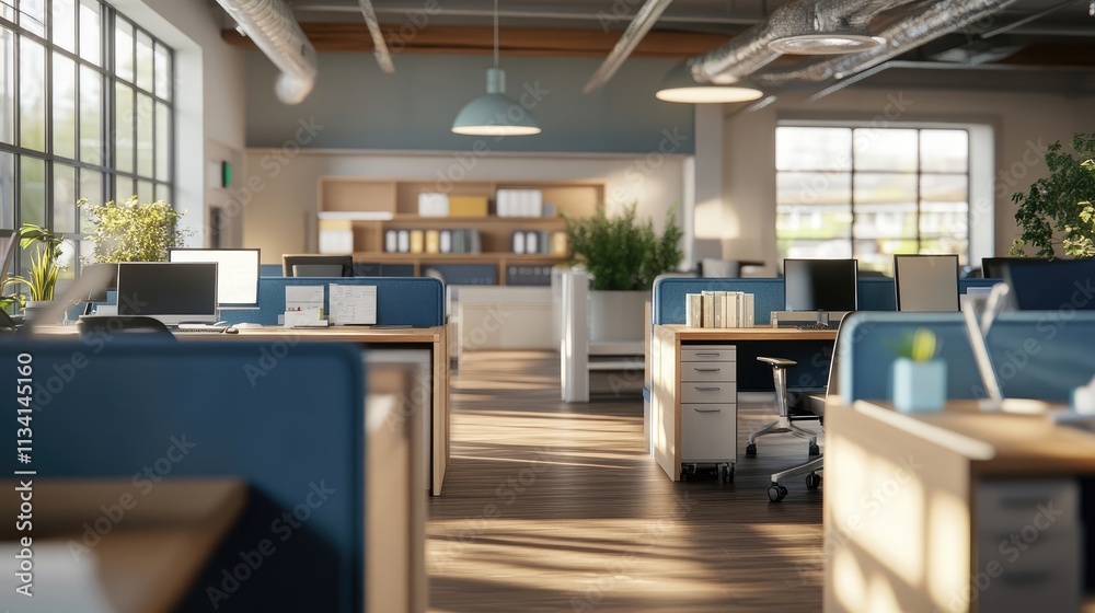 Modern Office Workspace with Blue Partitions Modern Office Workspace with Blue Partitions