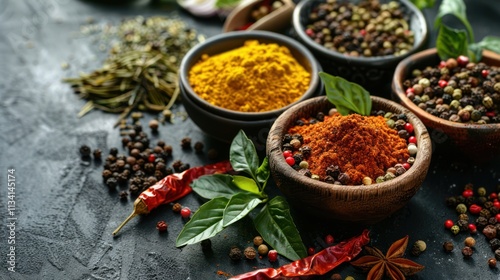 A vibrant assortment of spices in bowls, showcasing various colors and textures, surrounded by herbs and dried chilies on a textured surface.
