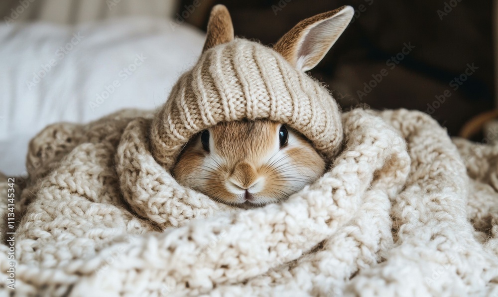 Cozy bunny in a warm knit hat. AI. Cozy bunny in a warm knit hat. AI.