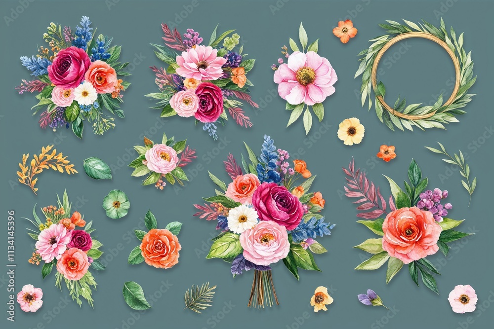 Watercolor Flower Collection - Bouquets, Embellishments, Frames, and Natural Accents Watercolor Flower Collection - Bouquets, Embellishments, Frames, and Natural Accents