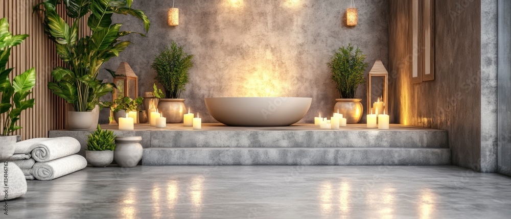 A serene bathroom setting with a modern tub, plants, and candles for relaxation. A serene bathroom setting with a modern tub, plants, and candles for relaxation.