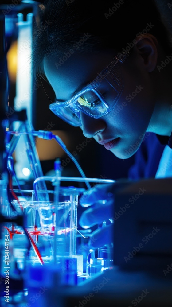 Person in goggles performs lab experiment, blue light. Person in goggles performs lab experiment, blue light.