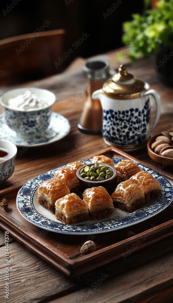 A beautifully arranged platter of baklava with tea and dessert on a wooden table. A beautifully arranged platter of baklava with tea and dessert on a wooden table.