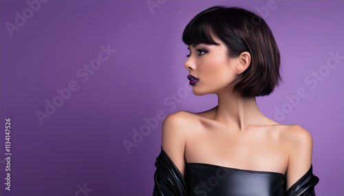 studio portrait of a brunette woman with short hair and nude shoulders wearing a low cut black leather mini dress and collar on purple background	 photo