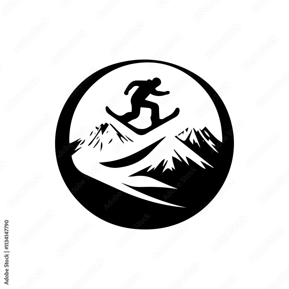 Dynamic Ski Logo with Mountain Hills Silhouette - Vector Artwork Dynamic Ski Logo with Mountain Hills Silhouette - Vector Artwork