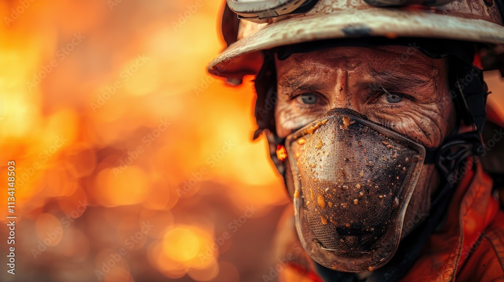 Close-up portrait of a firefighter's soot-covered face amidst a raging fire. Close-up portrait of a firefighter's soot-covered face amidst a raging fire.