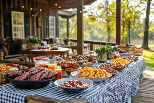 Southern BBQ Buffet: Festive Outdoor Gathering with Smoked Brisket, Mac and Cheese, and Sweet Tea on Gingham-Adorned Tables