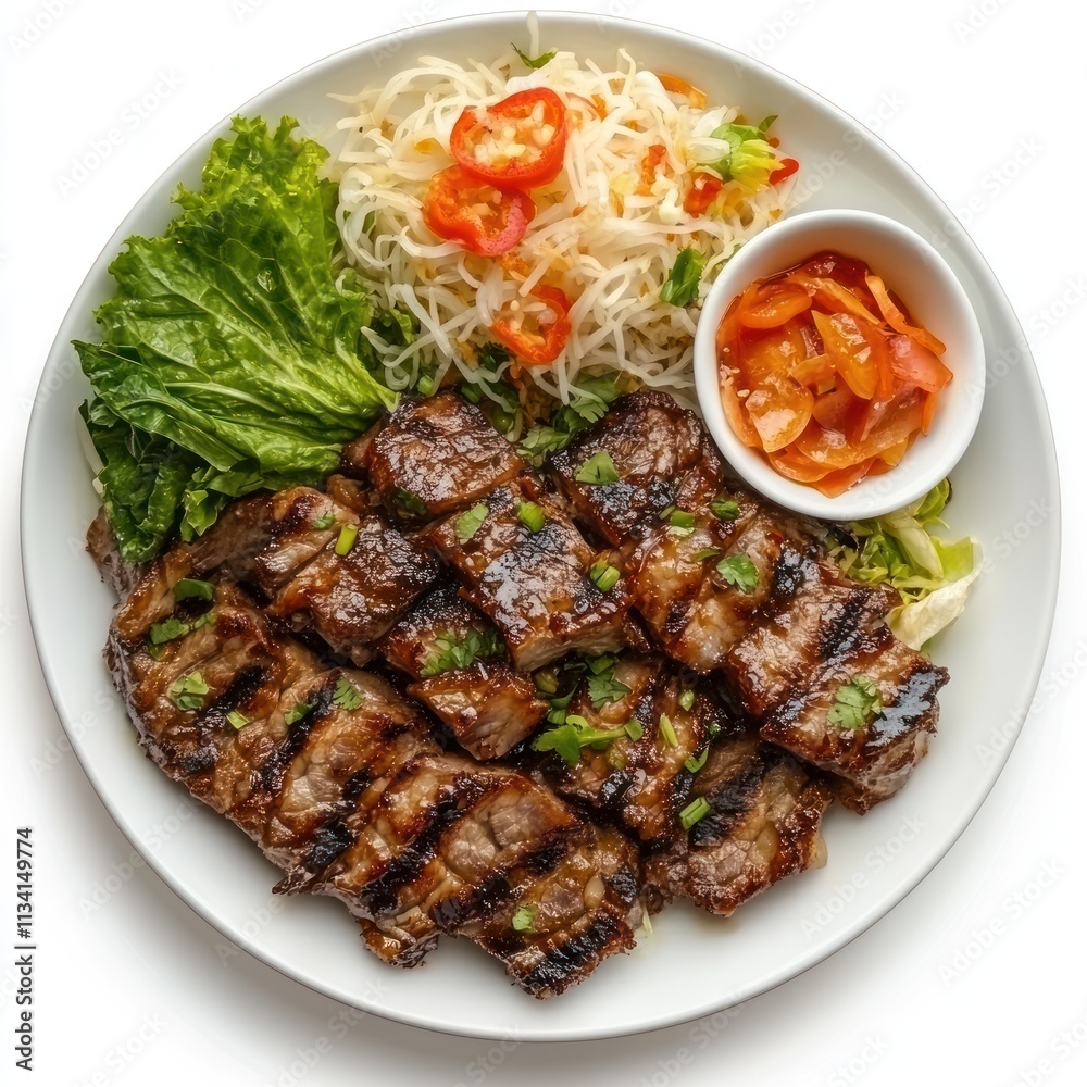 A plate of grilled meat with vegetables and a side of sauce, representing a delicious meal. A plate of grilled meat with vegetables and a side of sauce, representing a delicious meal.