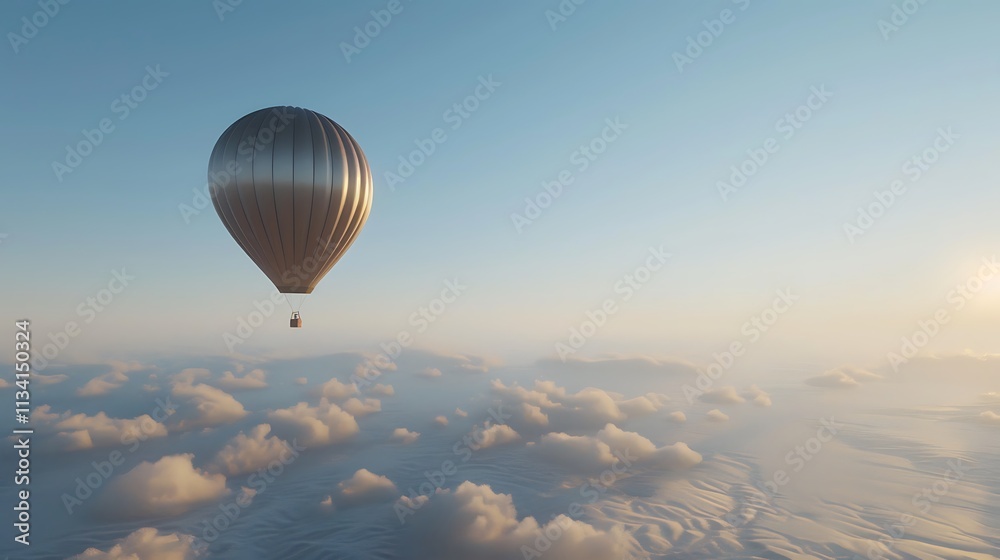 Naklejka premium A solitary hot air balloon drifting across a clear blue sky.
