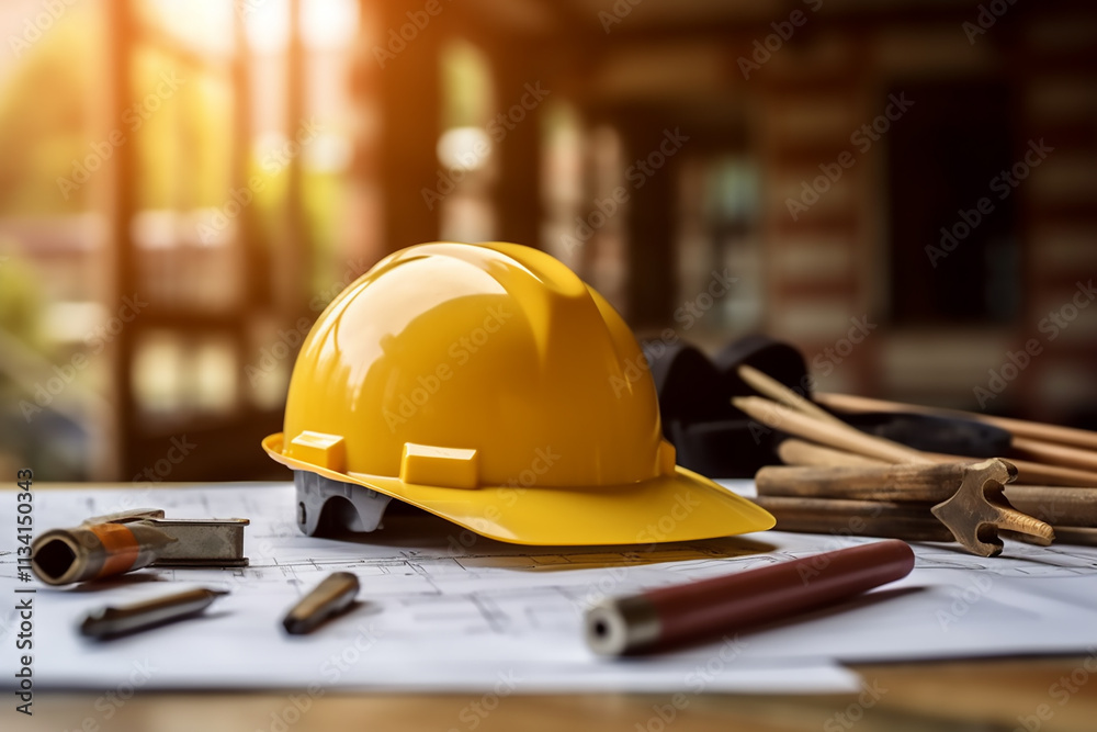 Engineers hard hat, lying on plans with the construction on table construction scenes
Engineers hard hat, lying on plans with the construction on table construction scenes