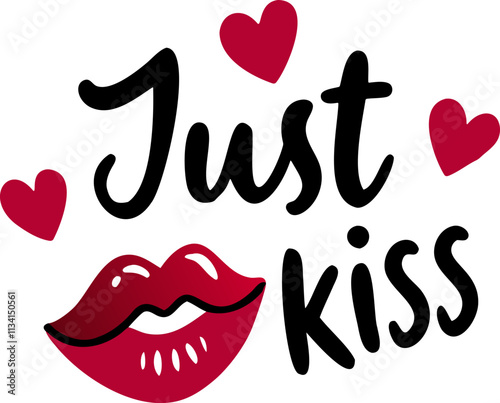 Just kiss with red lips and hearts, expressing love and affection