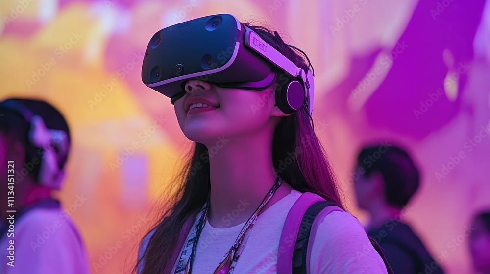 A young woman experiences virtual reality with a headset in a vibrant, immersive environment. A young woman experiences virtual reality with a headset in a vibrant, immersive environment.