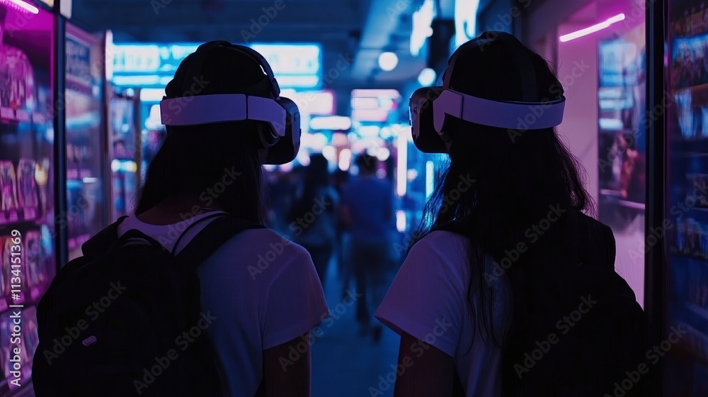 Two individuals wearing VR headsets in a vibrant, illuminated arcade setting. Two individuals wearing VR headsets in a vibrant, illuminated arcade setting.