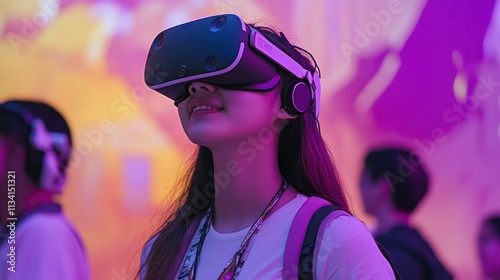 A young woman experiences virtual reality with a headset in a vibrant, immersive environment.