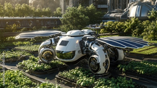 Futuristic Solar-Powered Drone in a Lush Urban Garden with Greenery and Advanced Technology Amidst a Vibrant Natural Environment
