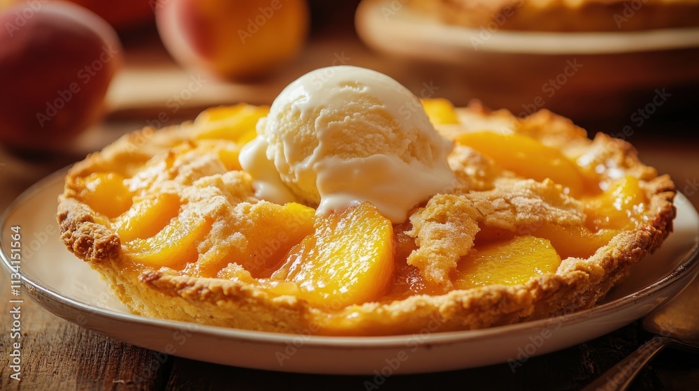 A delicious peach pie topped with vanilla ice cream on a wooden table. A delicious peach pie topped with vanilla ice cream on a wooden table.