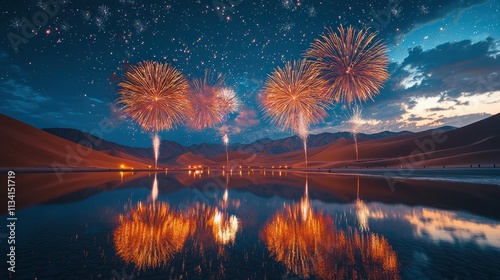 A colorful fireworks display over a silent desert with the sand reflecting the vibrant lights The scene is empty creating a peaceful and beautiful celebration of light 