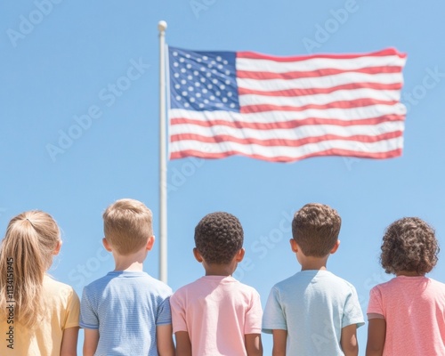 Patriotic Children Celebrating Pledge of Allegiance Day Under American Flag – Fourth of July & Veterans Day Themes