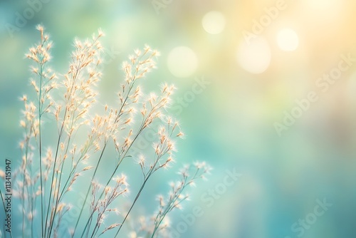 Soft sunlight filters through delicate grass, creating a serene and tranquil atmosphere.