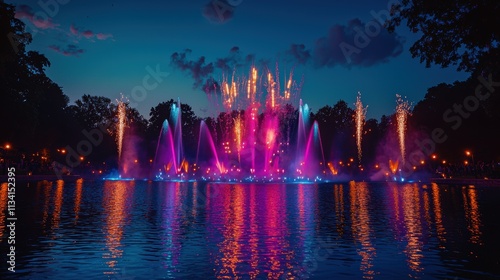 A grand fireworks display over a calm lake with vibrant reflections on the water The lake is silent creating a serene and beautiful celebration of light 