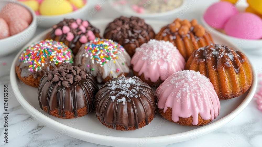 A delightful assortment of mini bundt cakes with colorful frostings and toppings. A delightful assortment of mini bundt cakes with colorful frostings and toppings.