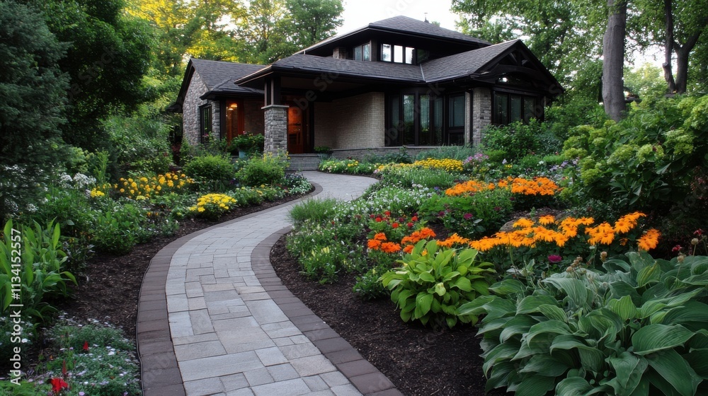 A beautifully designed home garden with landscaping, flower beds, and a stone pathway. A beautifully designed home garden with landscaping, flower beds, and a stone pathway.