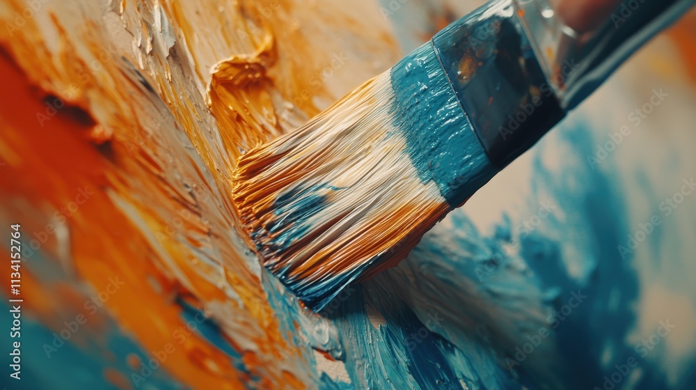 Close-up of paintbrush applying orange and blue paint to canvas. Close-up of paintbrush applying orange and blue paint to canvas.