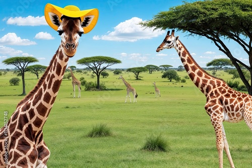 Cool Giraffe in a Sun Hat on a Bright Safari Landscape photo