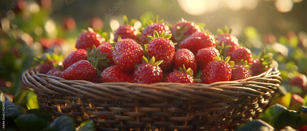 A basket filled with ripe strawberries basking in warm sunlight. A basket filled with ripe strawberries basking in warm sunlight.