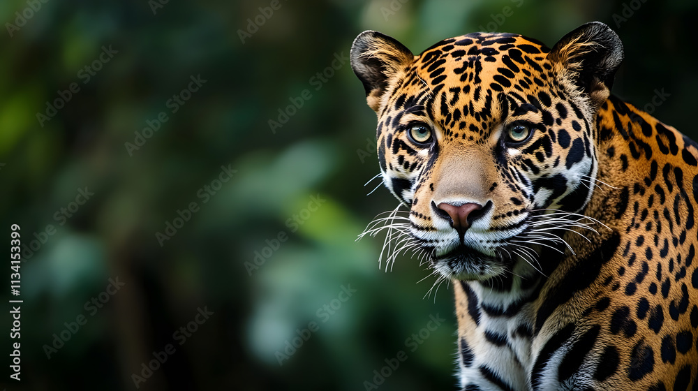 Obraz premium Magnificent Close-up Portrait of a Jaguar in a Lush Green Forest