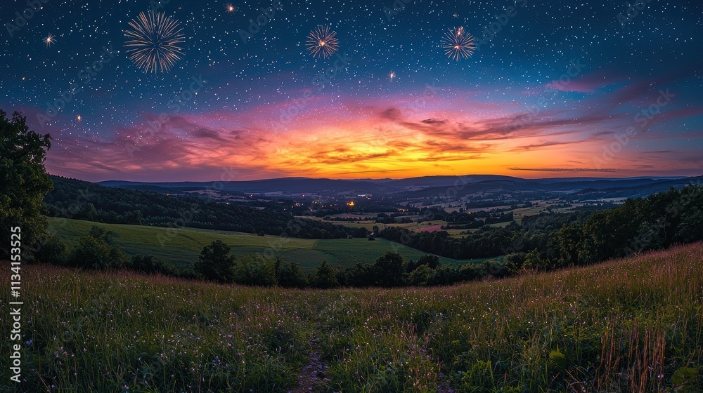 Obraz premium A serene field under a night sky filled with bright fireworks illuminating the landscape The colorful fireworks add a festive glow to the peaceful countryside 
