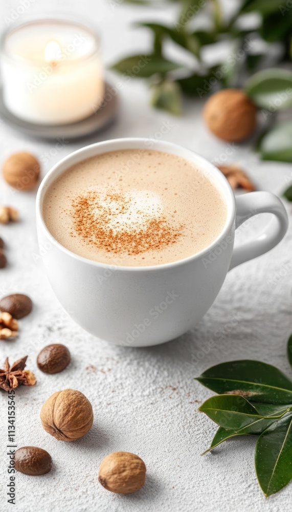 A cozy cup of coffee surrounded by nuts and greenery, evoking warmth and relaxation. A cozy cup of coffee surrounded by nuts and greenery, evoking warmth and relaxation.