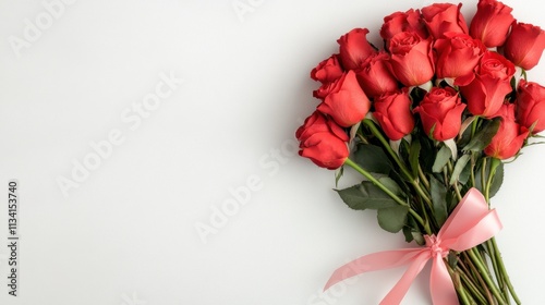 A bouquet of red roses tied with a pink ribbon, isolated on a white background