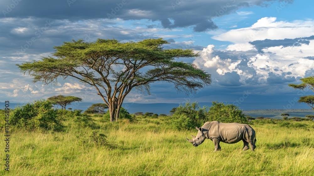 Naklejka premium White rhino grazing in African savanna under dramatic sky.