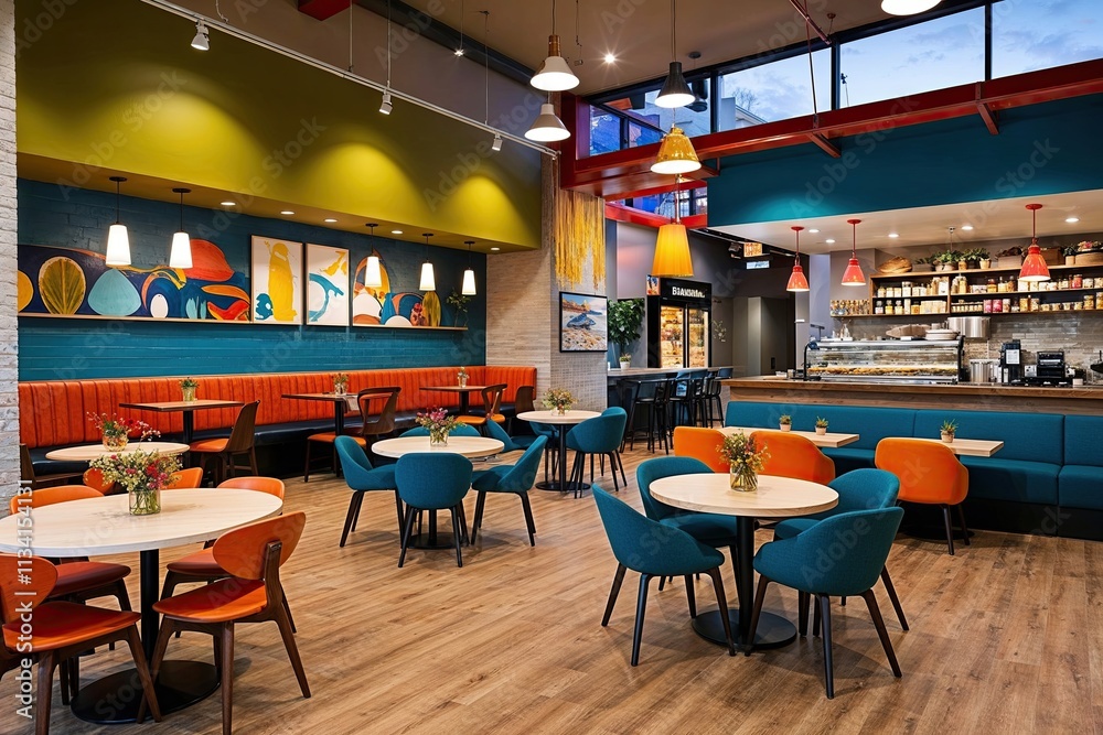 Inviting Community Gathering Area in a Spacious Caf� with Modern Decor and Vibrant Ambiance Inviting Community Gathering Area in a Spacious Caf� with Modern Decor and Vibrant Ambiance