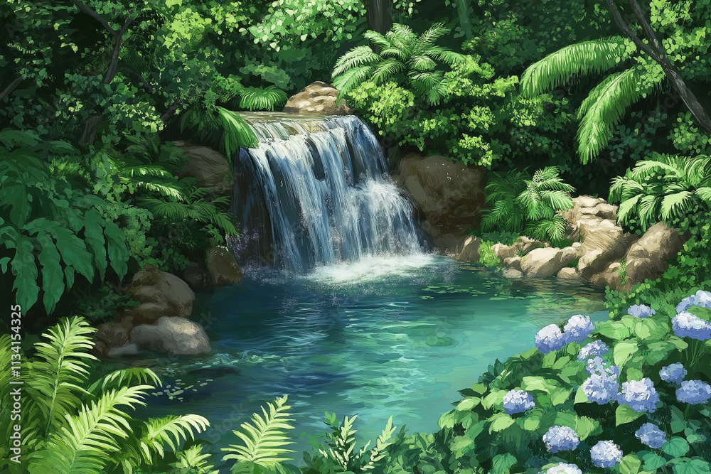 Naklejka premium A peaceful waterfall cascading into a hidden jungle pool surrounded by ferns