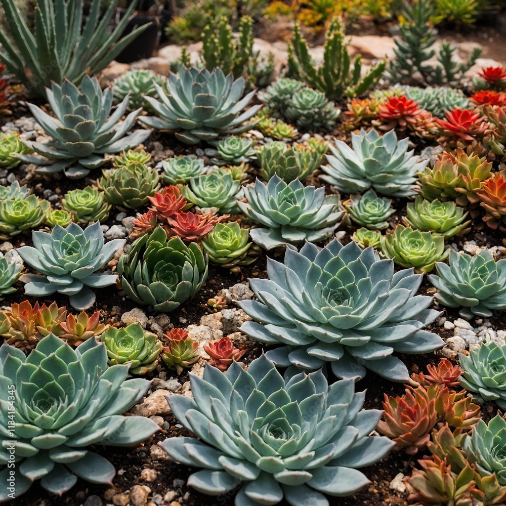 A sprawling succulent garden with echeverias and aloe vera.
A sprawling succulent garden with echeverias and aloe vera.