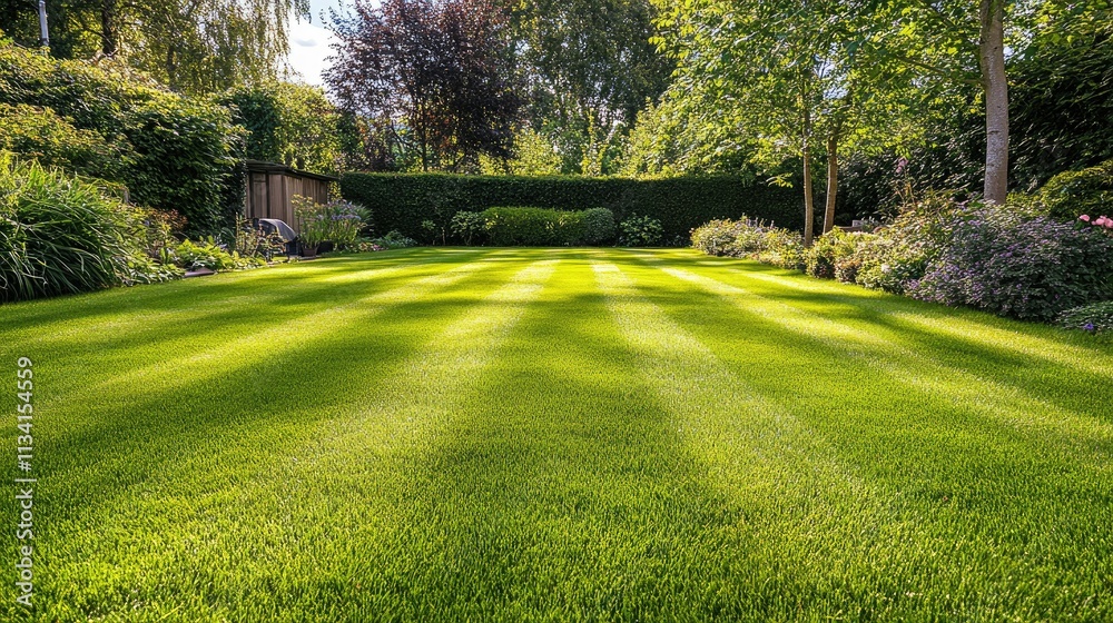 Obraz premium Lush Green Lawn in a Beautiful Garden Surrounded by Vibrant Plants and Trees Under a Clear Blue Sky Perfect for Relaxation and Outdoor Activities