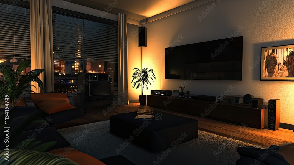 Fototapeta premium Cozy and Inviting Living Room at Night with Warm Lighting, Modern Decor, and Urban View Through Window in Contemporary Apartment Setting