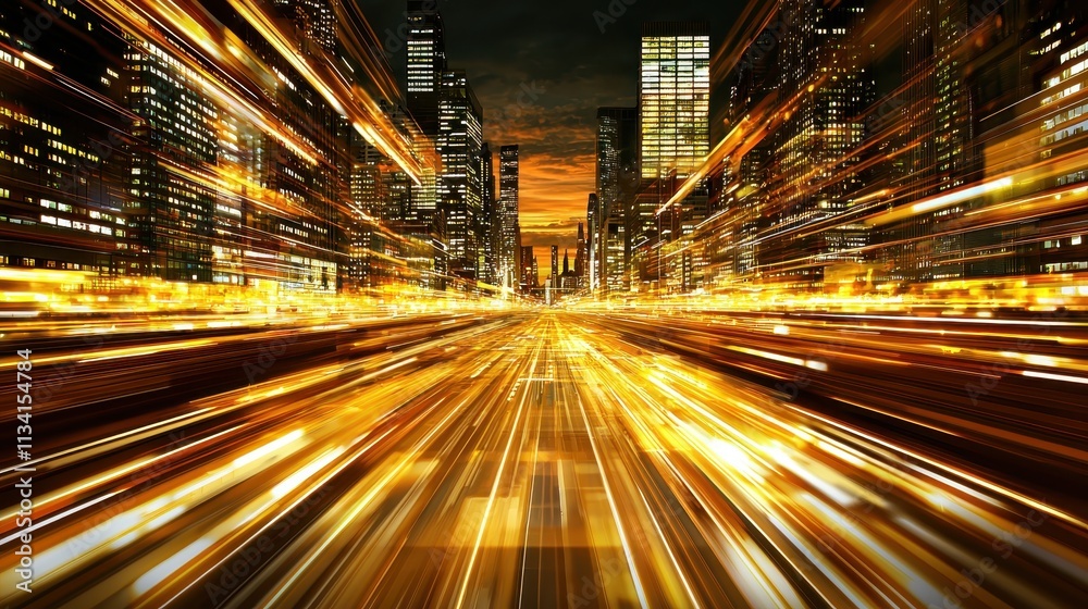 Dynamic nighttime cityscape urban environment high-speed traffic modern architecture aerial perspective vibrant energy