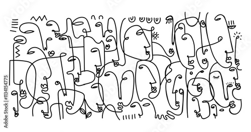 abstract hand drawing face portrait geometric decorative doodle outlines vector illustration. Line art black and white aesthetic design for wall art, prints, cards, decoration, banner and background.