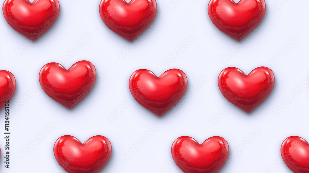 A pattern of shiny red hearts on a light background, symbolizing love. A pattern of shiny red hearts on a light background, symbolizing love.