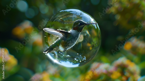 A tiny hummingbird trapped in a crystal-clear glass ball, wings slightly open.