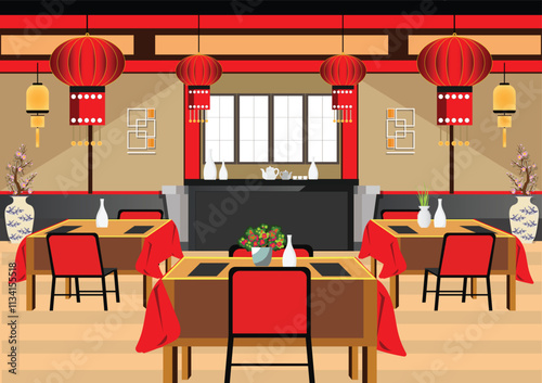 Designing the interior of Chinese restaurant empty interior.