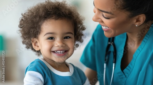 A caring pediatric nurse in scrubs, checking a child's health in a warm and welcoming hospital room.